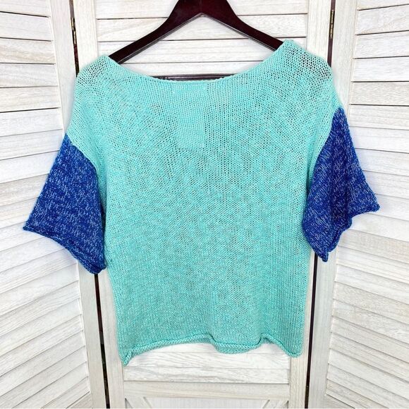Julie Color Block Chunky Knit Sweater Green Blue Medium Large Short Sleeve - Picture 9 of 13